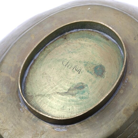 Vintage Chinese Brass Etched Bowl Longevity Prosperity Scalloped Edge Footed - Picture 9 of 13